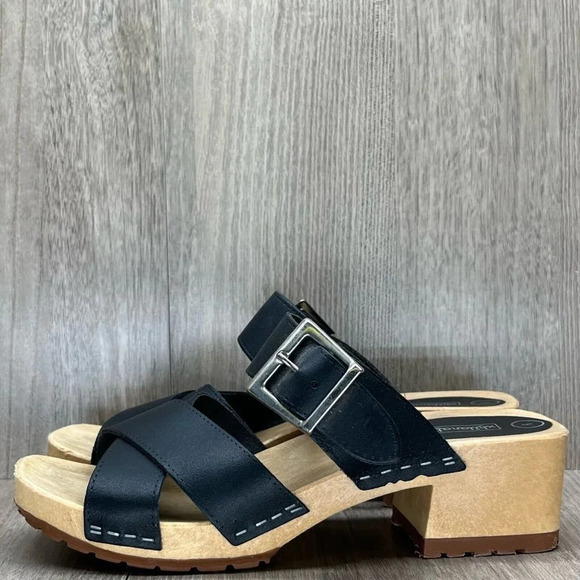 Xhilanation Sandals Womens Size 5 Cross Strap Slides Chunky Heel Leather Black - Picture 3 of 11